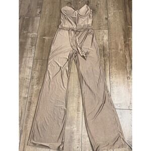 Metallic Bronze Wide Leg Jumpsuit Bustier‎ Bodice Belted Evening Glam